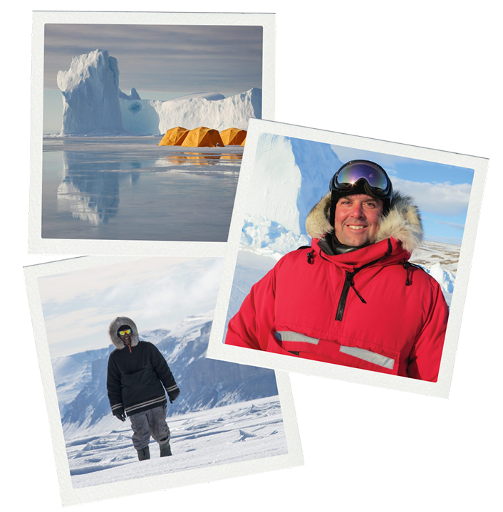 Trois images de style polaroïd empilées. L'image en haut à gauche montre des icebergs et des tentes arctiques jaunes sur la banquise. L'image du milieu montre Graham Dickson portant une parka rouge dans l'Arctique. L'image en bas à gauche montre un guide inuit sur la banquise qui sourit à l'appareil photo.